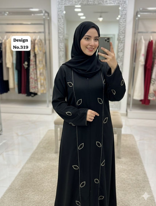 Premium Imported Nida Party Wear Abaya with Handwork & Black Hijab – Front Open